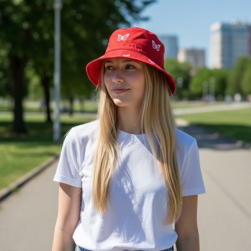 Red Butterfly Embroidered Bucket Hat - Women